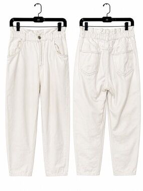 ZARA Cream High Rise Elastic Waist Mom Baggy Fit Cropped Ankle Jeans Size Small